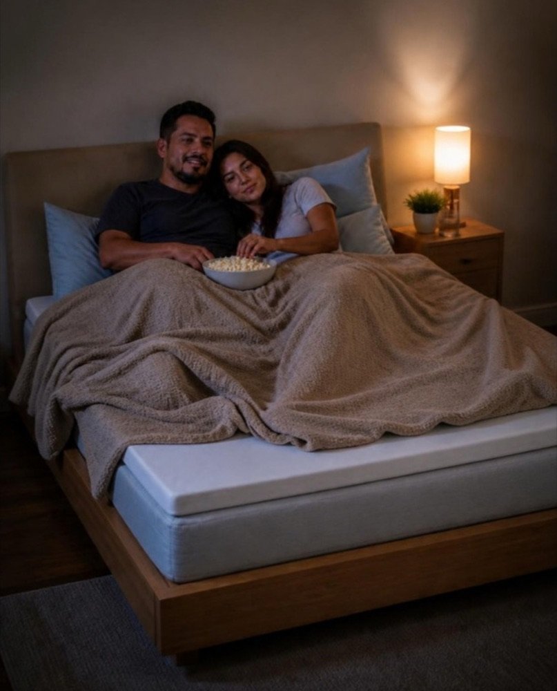 Pareja ve una película recostada en la cama con SleepFoam